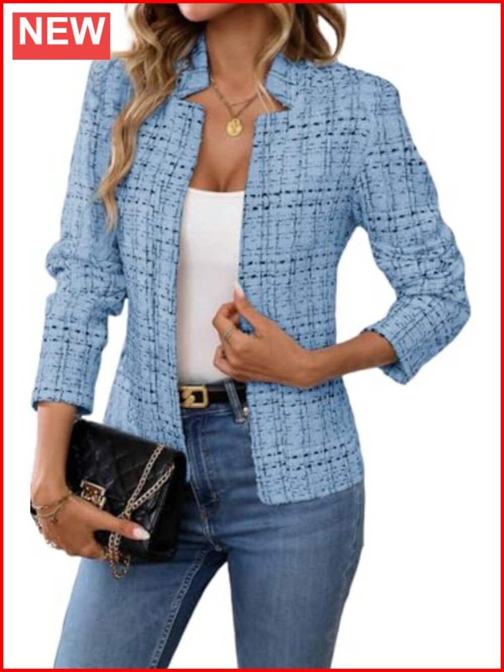Tweed Open Front Blazer with Notch Collar